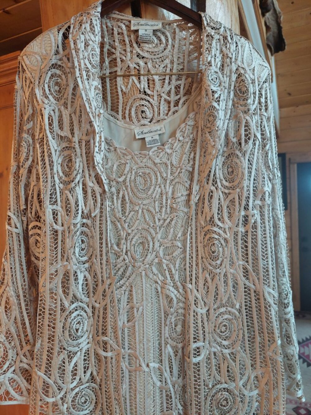 Soulmates Two Piece Silk, Lacework, Beaded Dress and Jacket, Cream color size xl - Picture 4 of 11